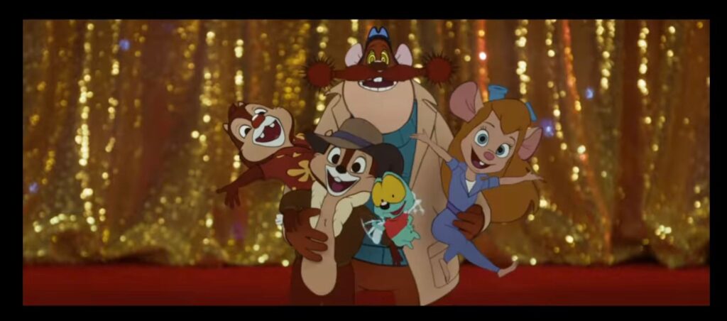 Refleja momento de alegría del equipo, con la animación original. En la imagen están Chip, Dale, Gadget Hackwrench, Zipper y Monterey Jack.