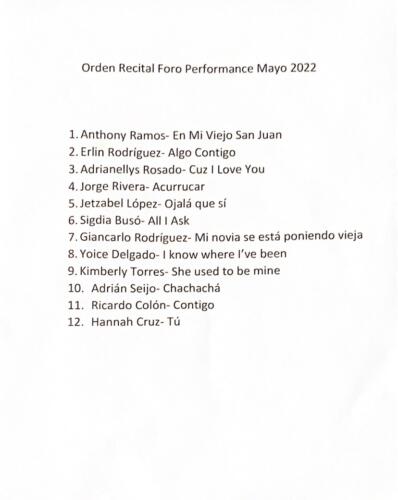 Listado de algunos estudiantes que participaron del recital de canto "Foro Performance"