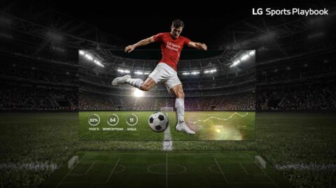 Televisor LG Smart TV muestra estadísticas deportivas en tiempo real y resultados de partidos mediante Sports Playbook.