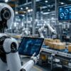 Robot humanoide utiliza sensores y cámaras para interactuar con su entorno en una planta tecnológica.