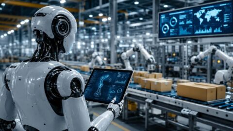 Robot humanoide utiliza sensores y cámaras para interactuar con su entorno en una planta tecnológica.