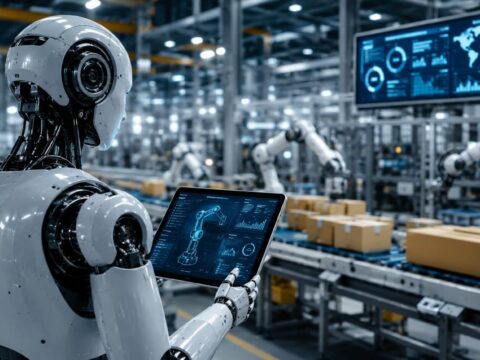 Robot humanoide utiliza sensores y cámaras para interactuar con su entorno en una planta tecnológica.