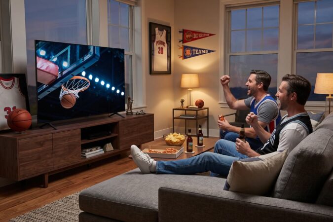 Televisor LG Mini RGB evo mostrando un partido de baloncesto.