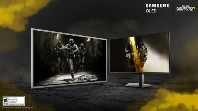 Monitor Samsung Odyssey G9 mostrando Call of Duty Modern Warfare 4 en formato superultrapanorámico.
