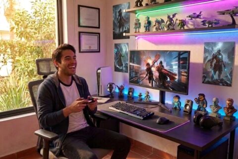 Monitor LG utilizado en un escritorio con teclado, ratón y control para videojuegos.