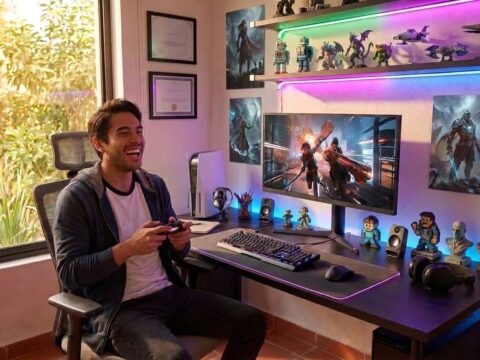 Monitor LG utilizado en un escritorio con teclado, ratón y control para videojuegos.