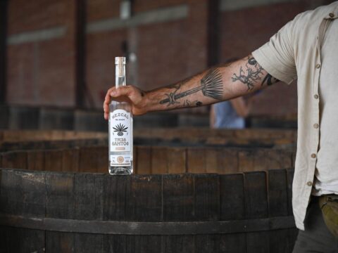 Botella de Tres Santos Mezcal para preparar un cóctel.
