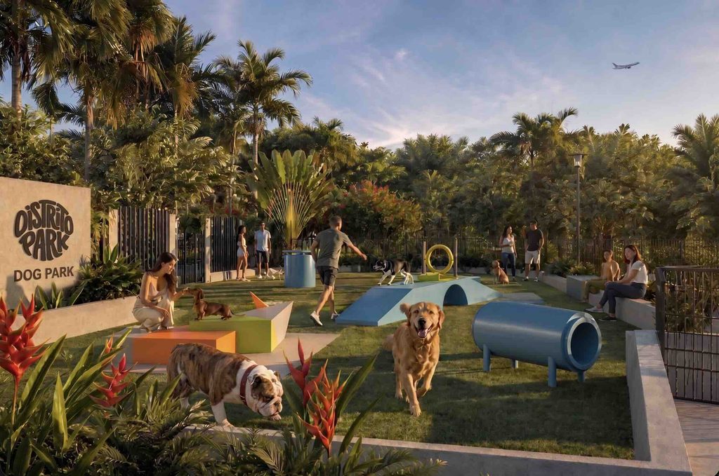 DISTRITO Park contará con una amplia área central rodeada de naturaleza y paisajismo para actividades y presentaciones, un parque diseñado para niños de distintas edades, un parque para perros, áreas de sombra y descanso, y opciones de alimentos y bebidas.