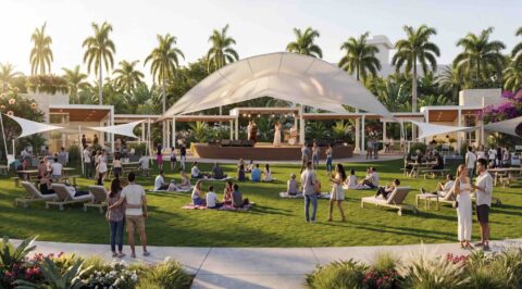 Render arquitectónico de áreas verdes y espacios recreativos al aire libre en el Distrito de Convenciones.