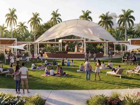 DISTRITO Park abrirá en 2028 como un nuevo espacio familiar y recreativo en Distrito T-Mobile Render arquitectónico de áreas verdes y espacios recreativos al aire libre en el Distrito de Convenciones.